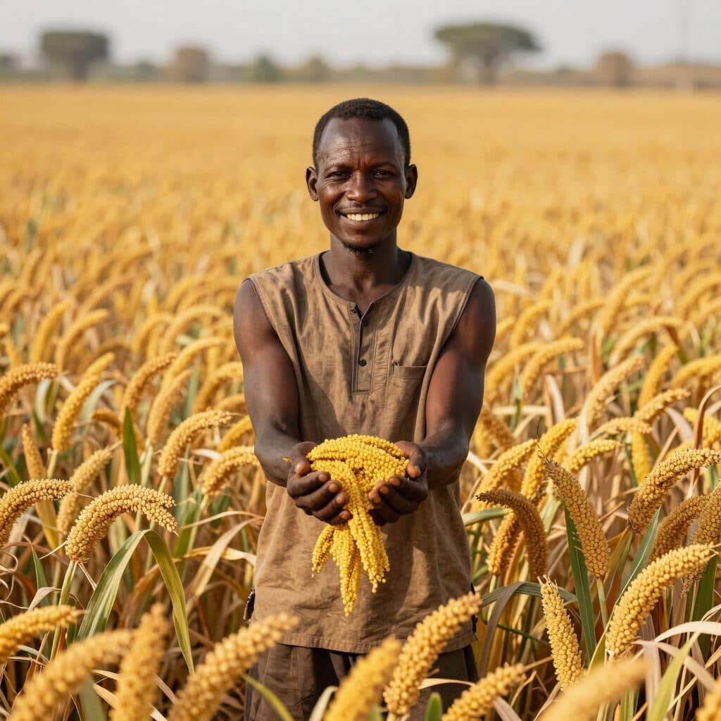 A Gambian smallholder farmer holding harvested millet in a field
