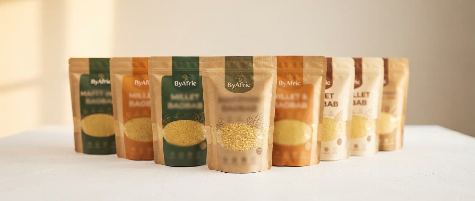 ByAfric kraft pouches of millet, baobab and groundnut products lined up on a table