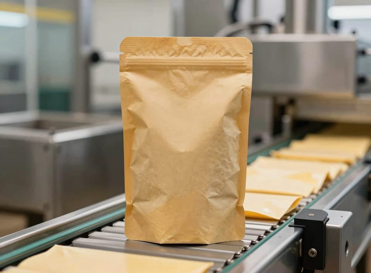 A sealed kraft pouch on the packing line