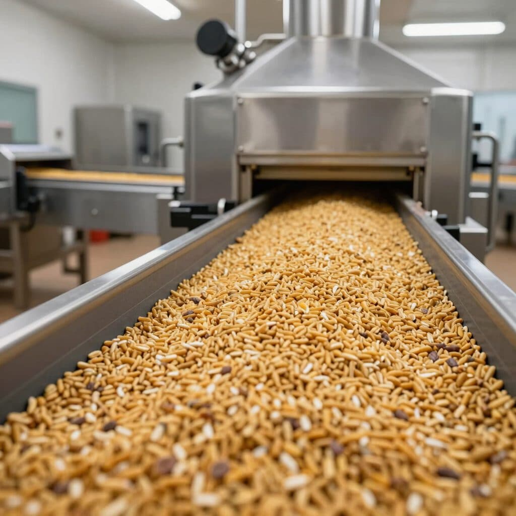 Millet moving along a stainless steel processing line